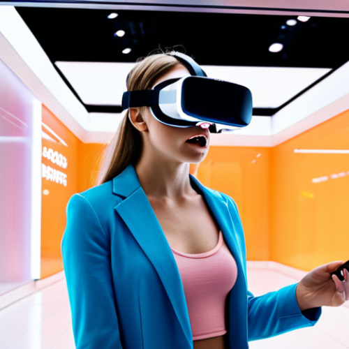 VR User Encountering Phishing Attempt**

*Prompt:* A person wearing a VR headset looks confused and wary in a brightly lit, futuristic VR environment. On the screen in their headset, a pop-up window offers a "Free Shopping Spree" but looks suspiciously fake. Show visual cues of unease and the potential for scam/phishing.

**